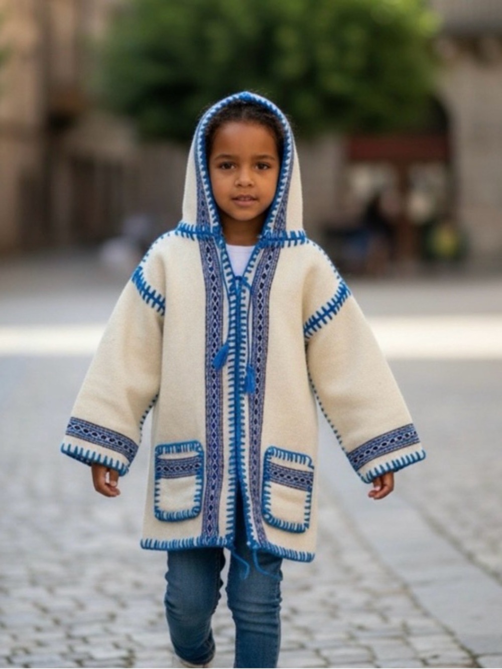 Handmade Bohemian Cream Hooded Kids Jacket with Blue Trim - Kids XL